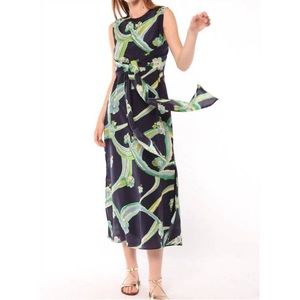 VILAGALLO | Blue Green Tamara Print Wrap Tie Dress in Brisbane Navy Size 48